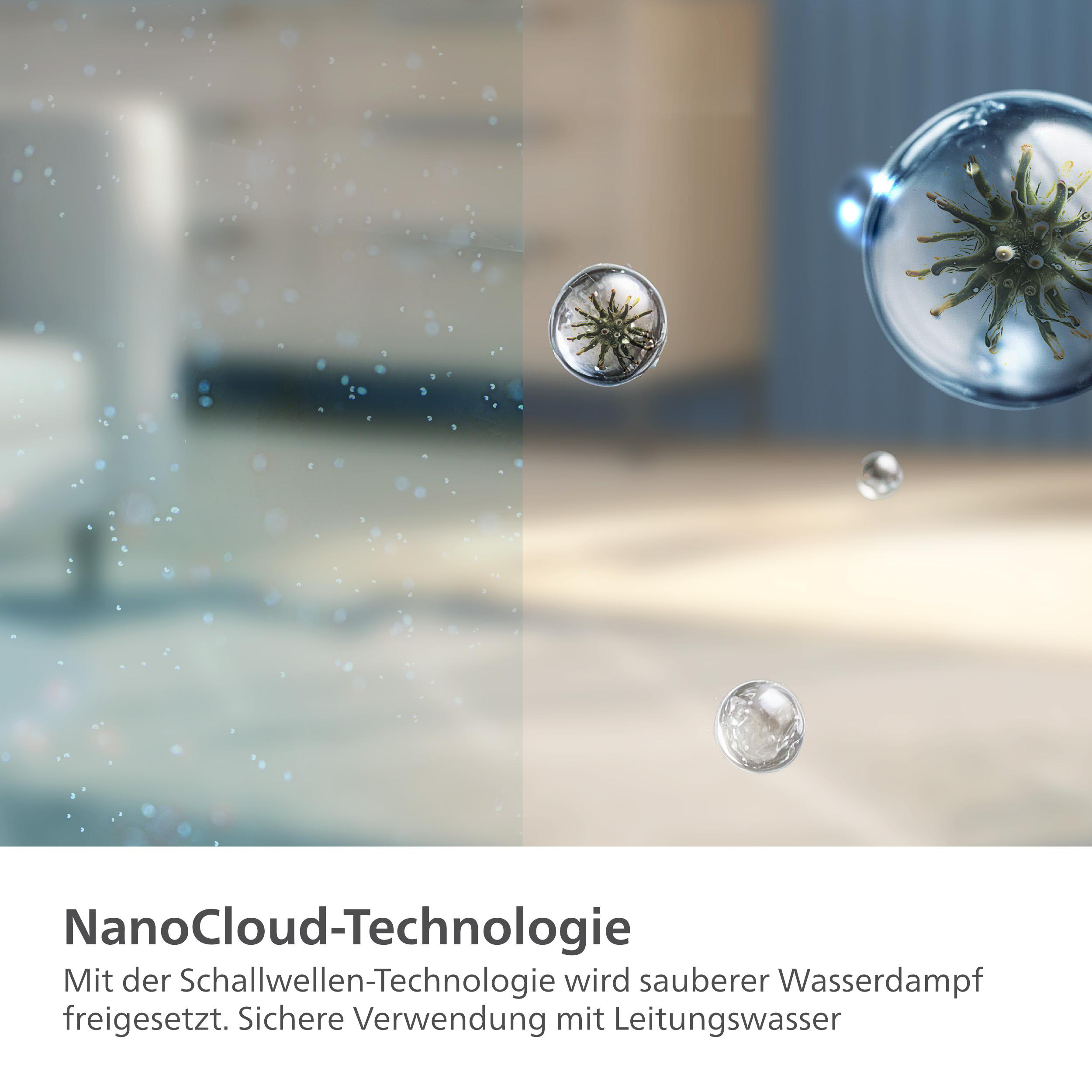 Bild zeigt NanoCloud-Technologie, mit Wasserdampf und Bakterien-Illustration.