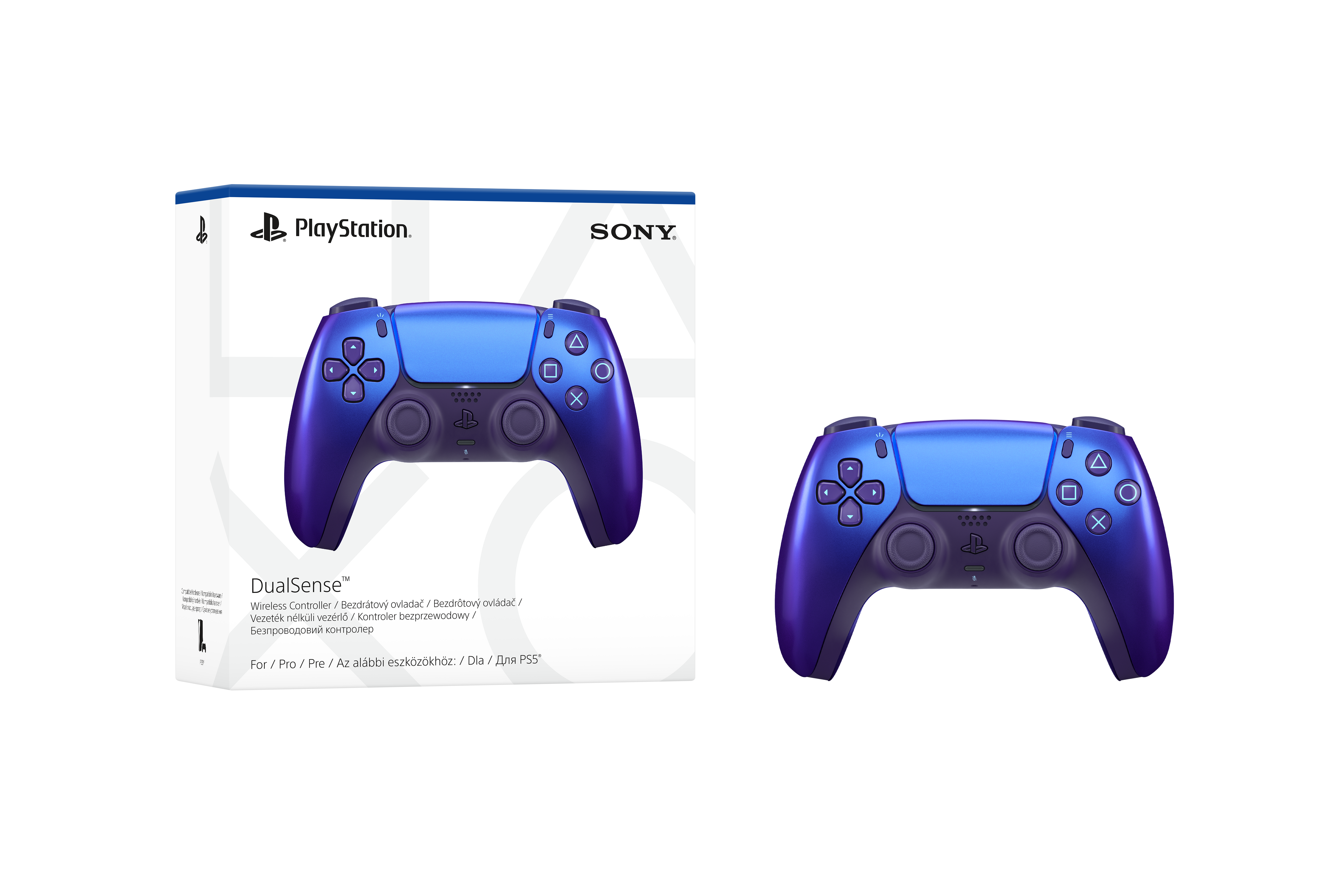 PlayStation DualSense kontrolcü ve kutusu, mavi gradyan tasarım, siyah arka planda.