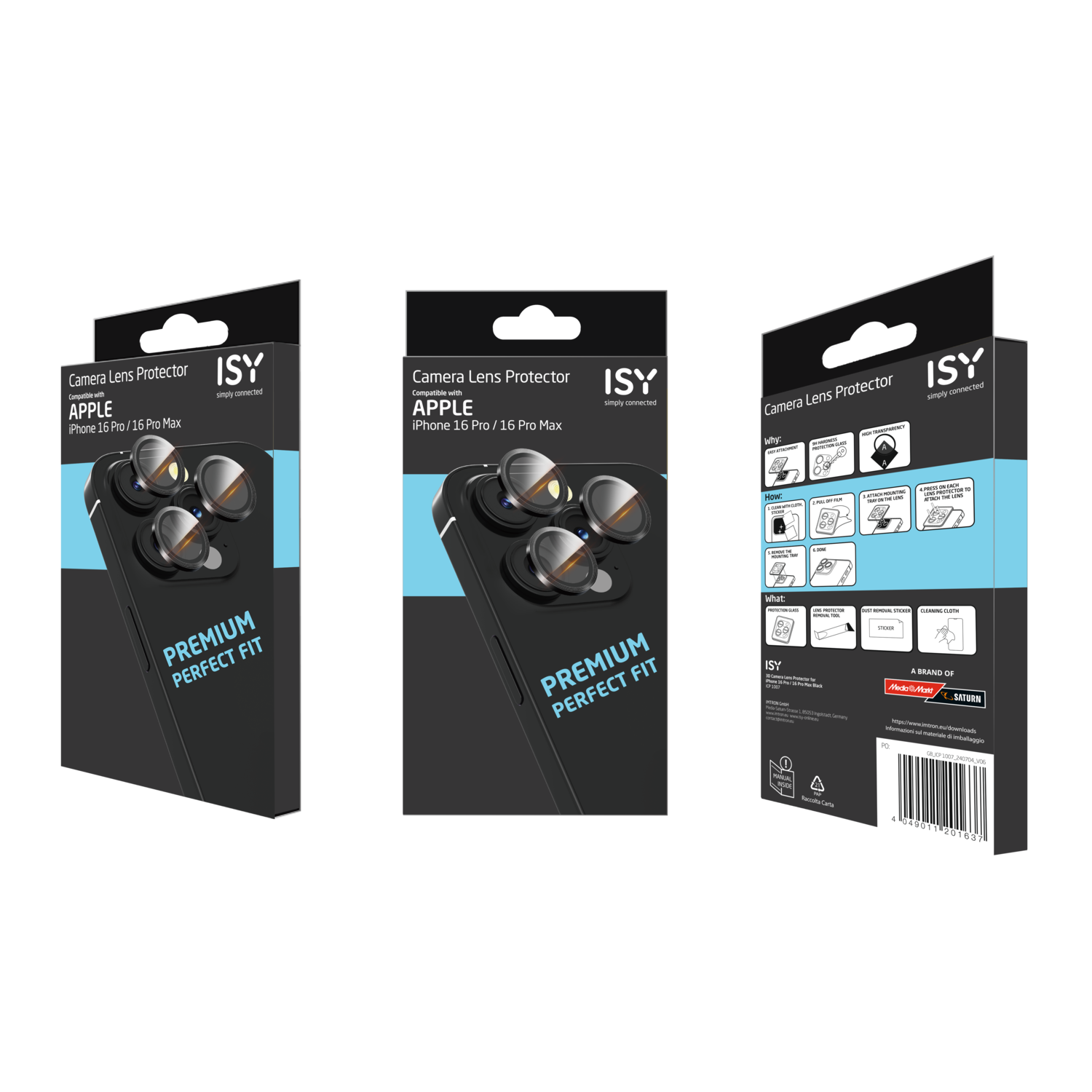 Verpakking van cameralensbeschermer met productdetails en informatie.