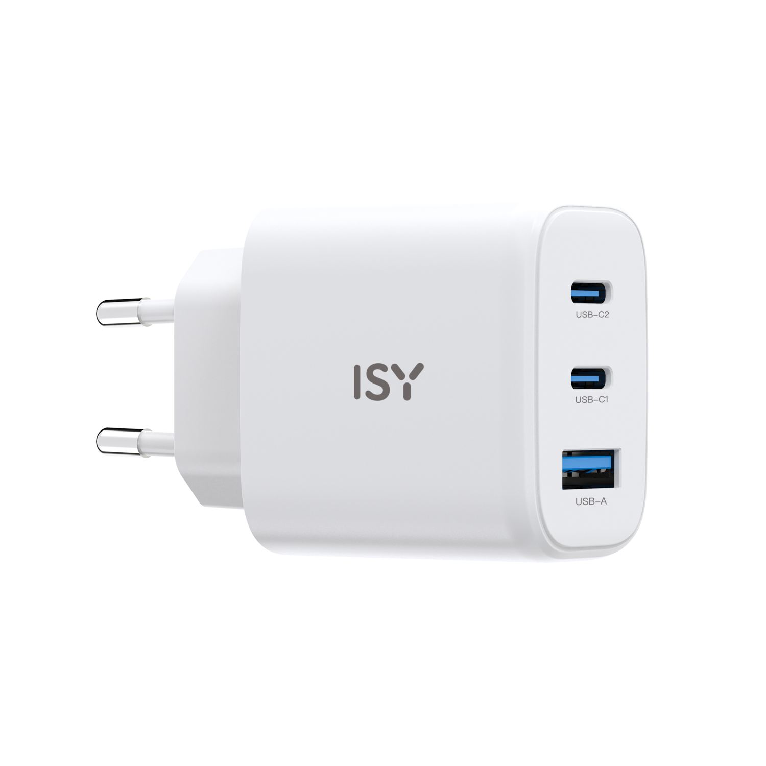 A white power adapter with two pins and three USB ports. The brand name 'ISY' is visible on the adapter.
