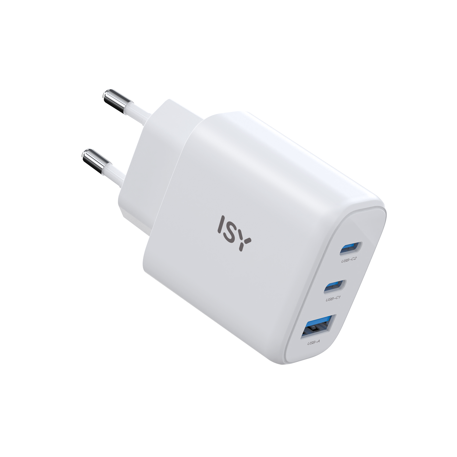 White ISY USB charger with three USB ports.