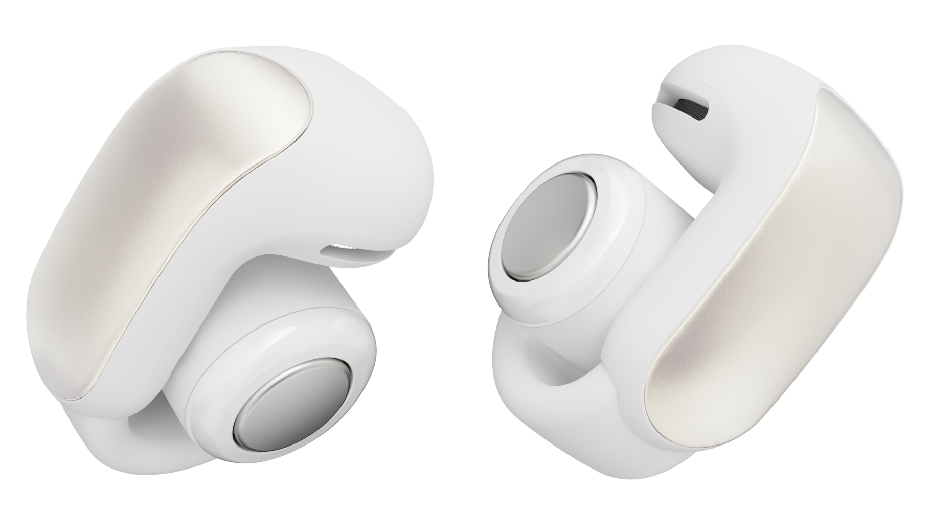 Dwa białe słuchawki z srebrnymi akcentami na czarnym tle. Design jest elegancki i nowoczesny.