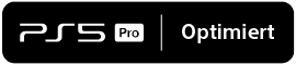 Schwarzes rechteckiges Logo. PS5 Pro und Optimiert in weißem Text. Dunkler Hintergrund.