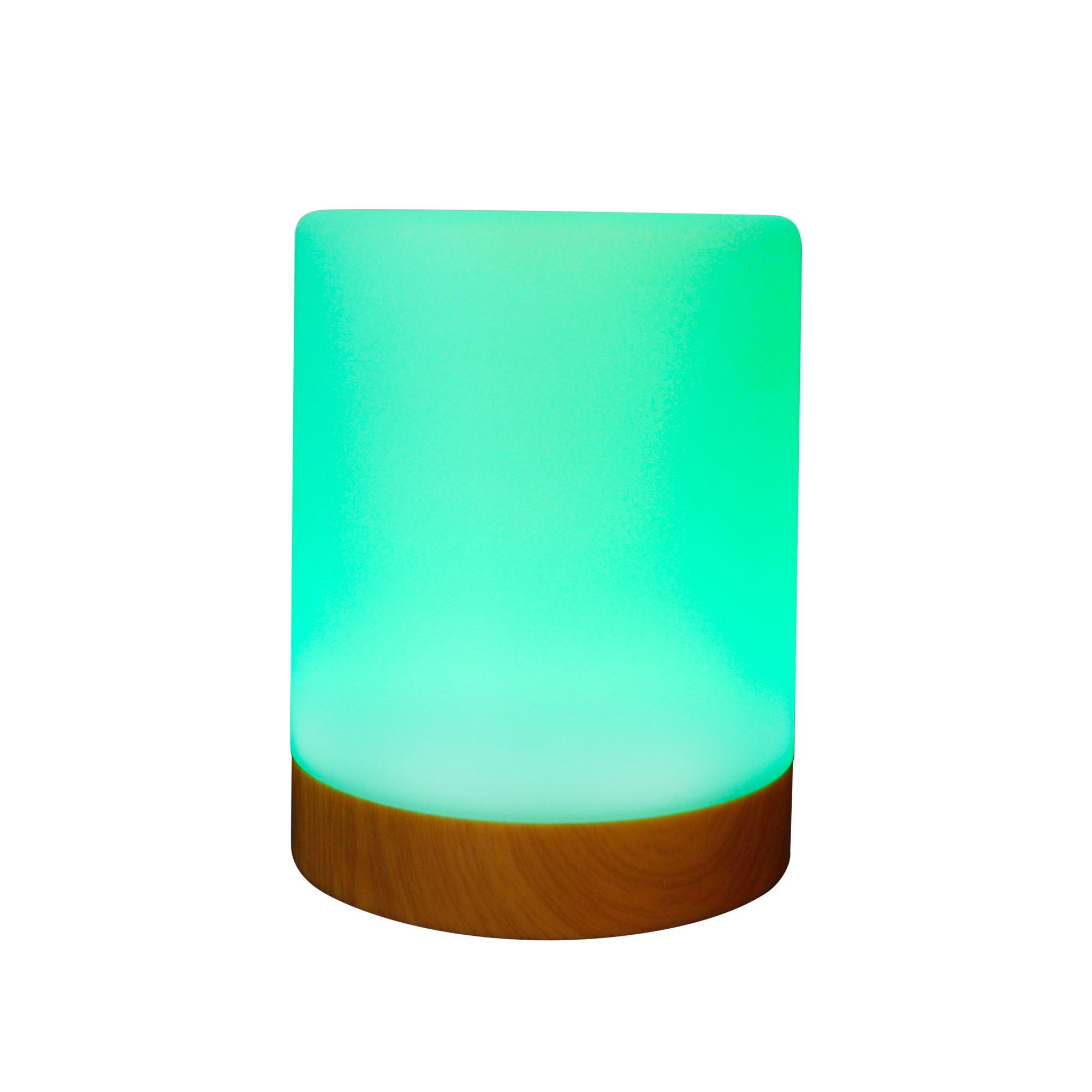 Zylindrische Lampe mit Holzsockel und grün leuchtender Oberseite.