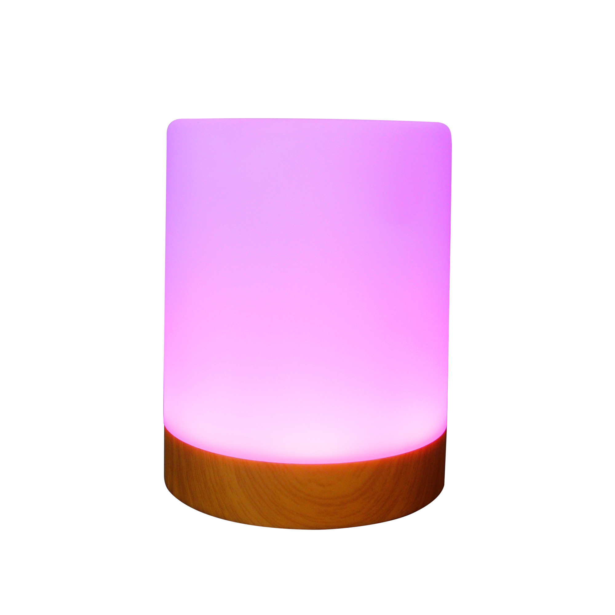 Zylindrische Lampe mit Holzsockel, leuchtend pink. Das Licht ist gleichmäßig und hell.