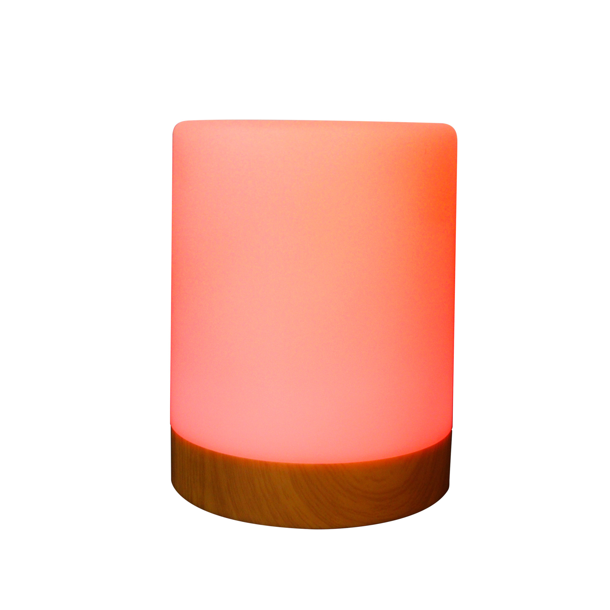 Eine zylindrische Lampe, rot leuchtend, steht auf einem Holzsockel.