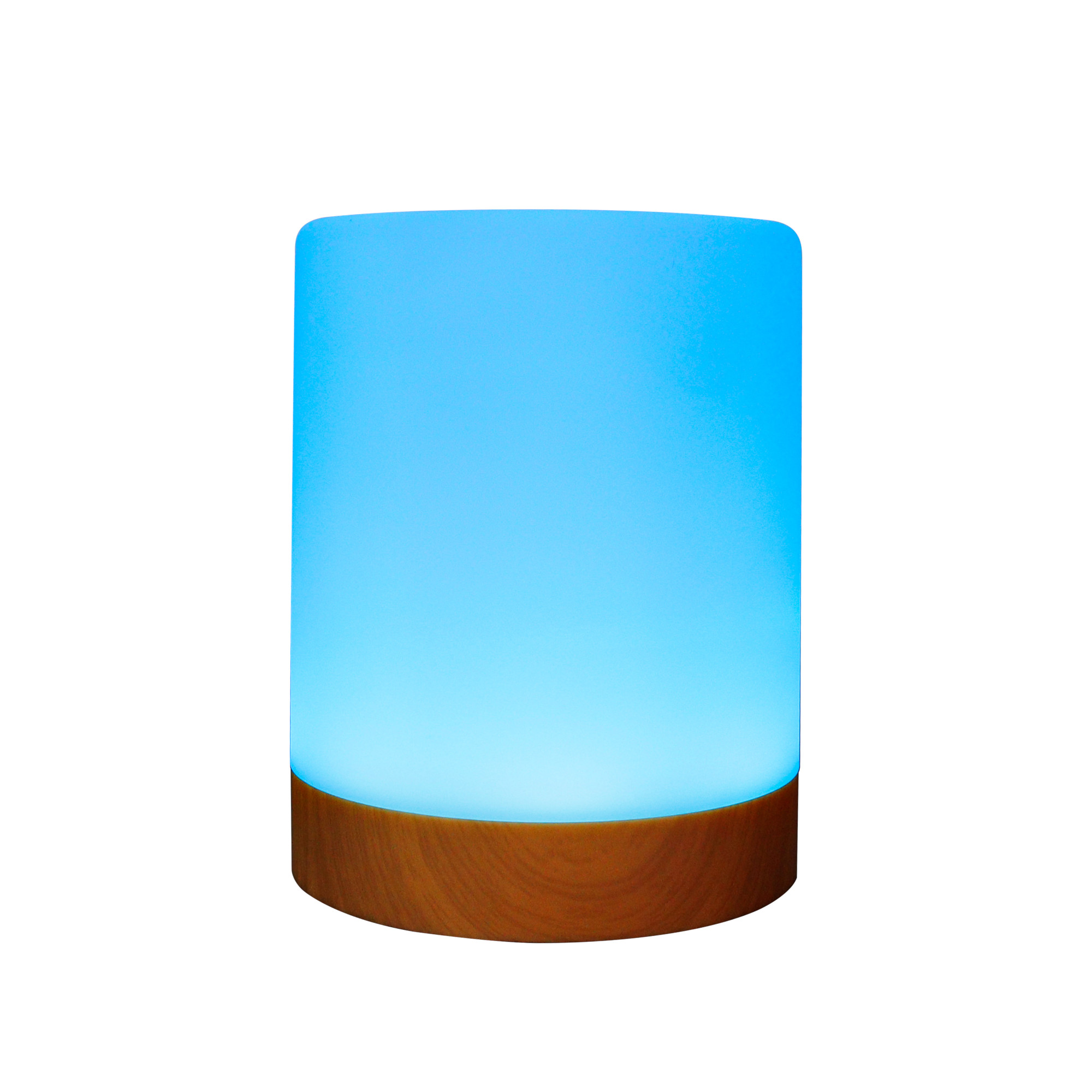 Zylinderförmige Lampe mit blauem Licht und Holzsockel, isoliert auf weißem Hintergrund.