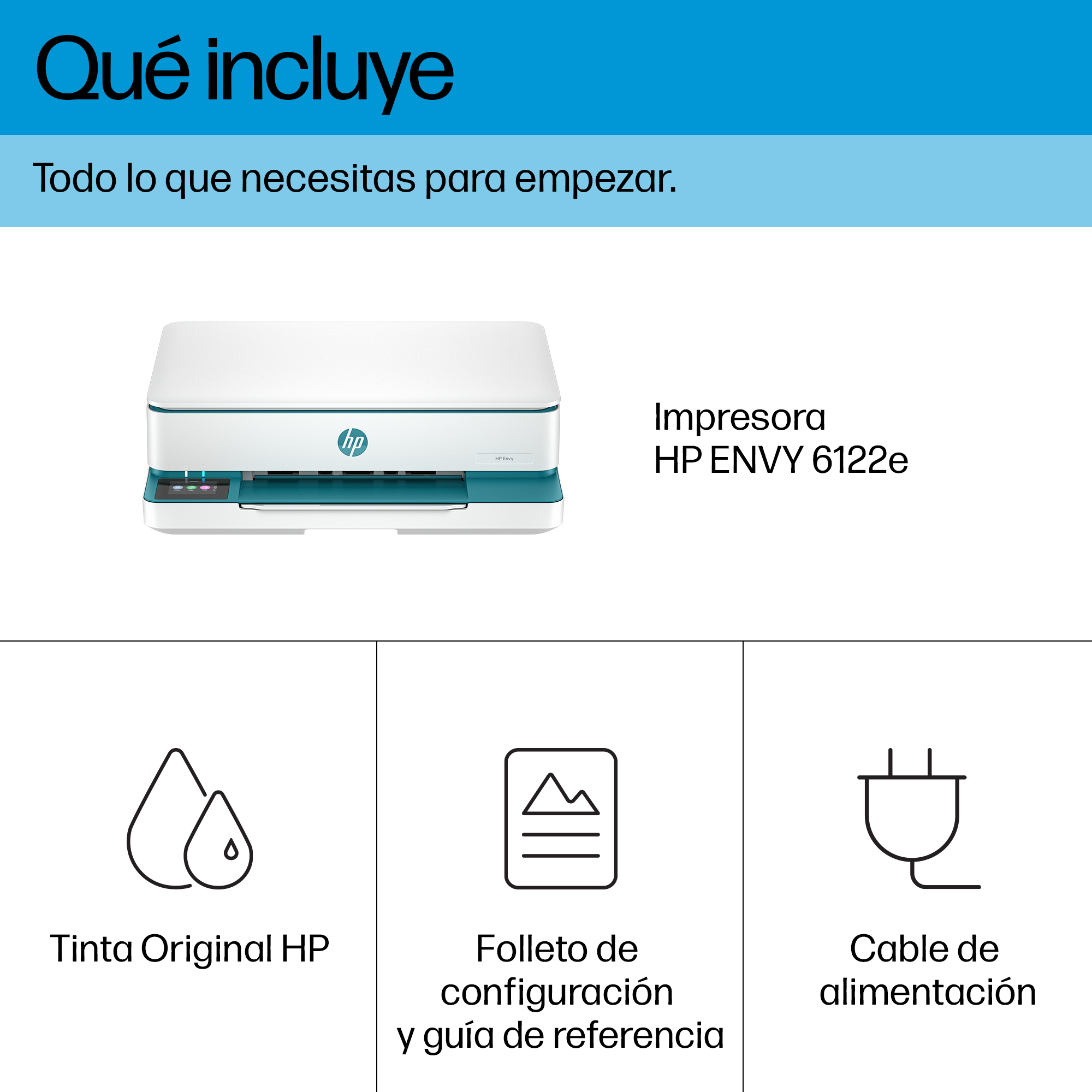 Una caja de impresora con imágenes de cartuchos de tinta, una guía de configuración y un cable de alimentación.