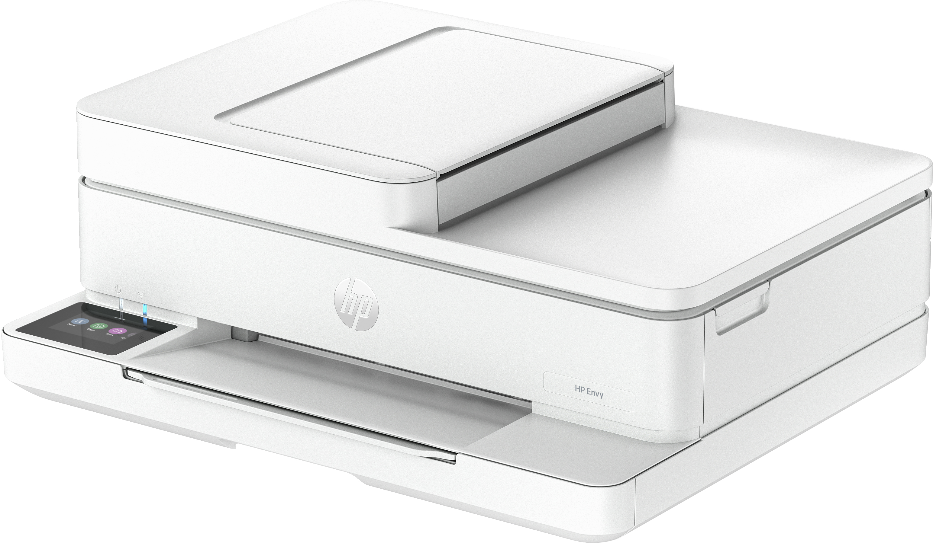 Una impresora blanca con el logotipo de HP. La impresora tiene una pantalla táctil y una bandeja de papel.