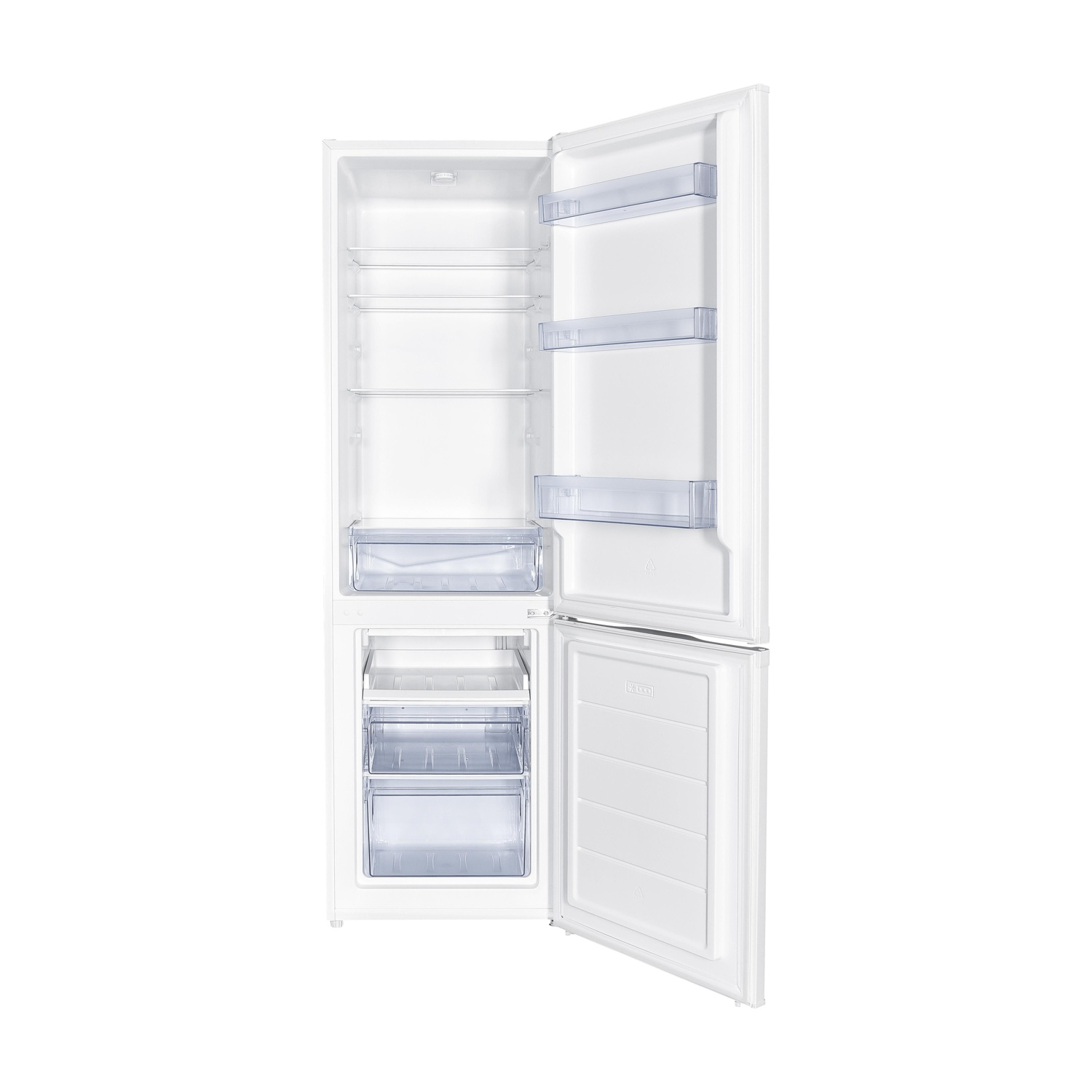 Frigorifero bianco con porta aperta. All'interno ci sono ripiani, cassetti e oggetti.