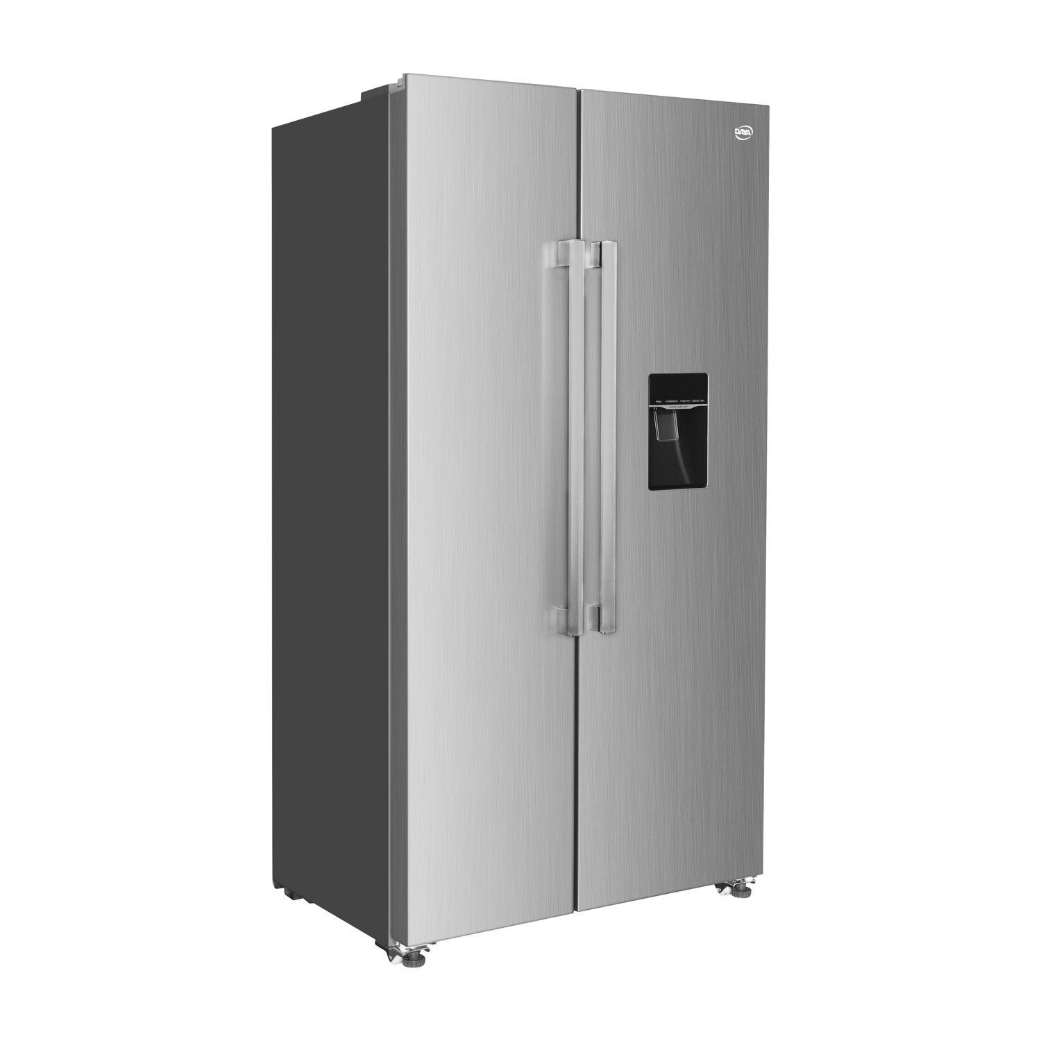 Frigorifero side-by-side in acciaio inox. Due porte, erogatore d'acqua e lati grigio scuro.