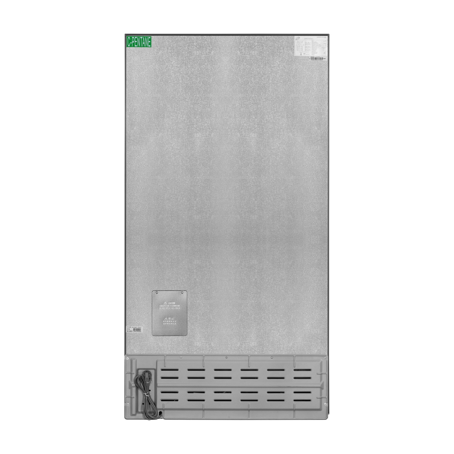 Parte posteriore di un frigorifero. La parte posteriore del frigorifero è argentata con un adesivo C-Pentane.