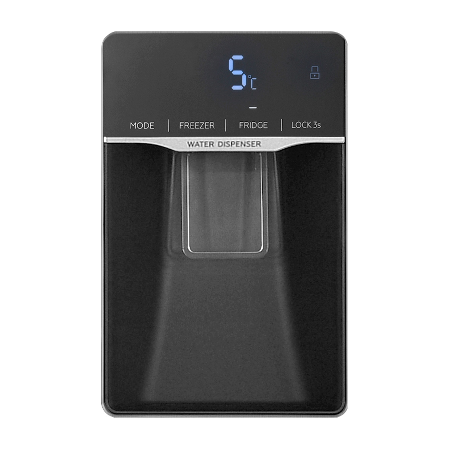 Primo piano del pannello di controllo del frigorifero con display digitale ed erogatore d'acqua. È nero.