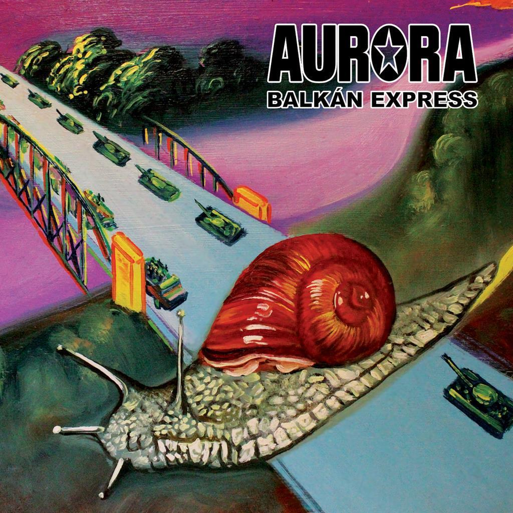 Aurora album borító. Egy csiga egy hídon. Zöld tankok a hídon. Lila és rózsaszín ég.