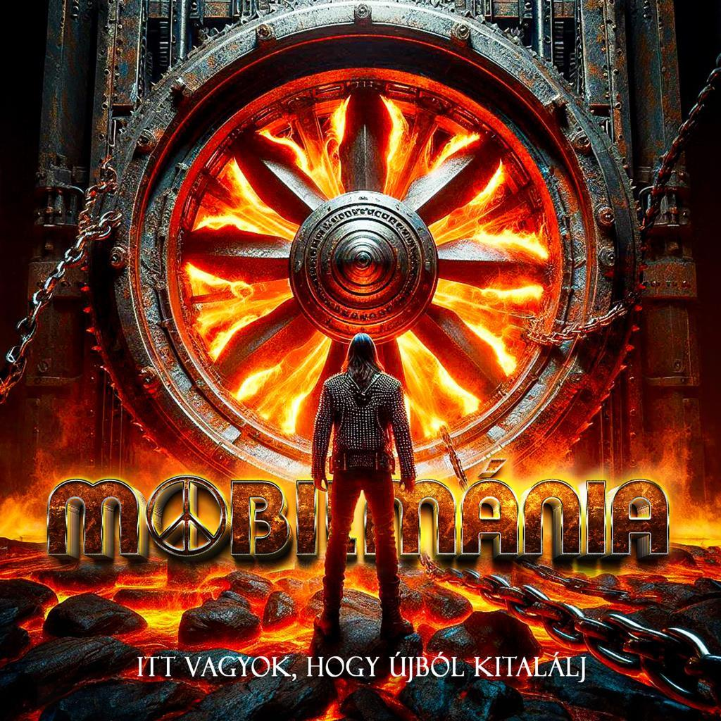 Férfi egy tüzes kerék előtt, 'MOBIMANIA' és 'ITT VAGYOK, HOGY ÚJBÓL KITALÁLJ' felirattal.