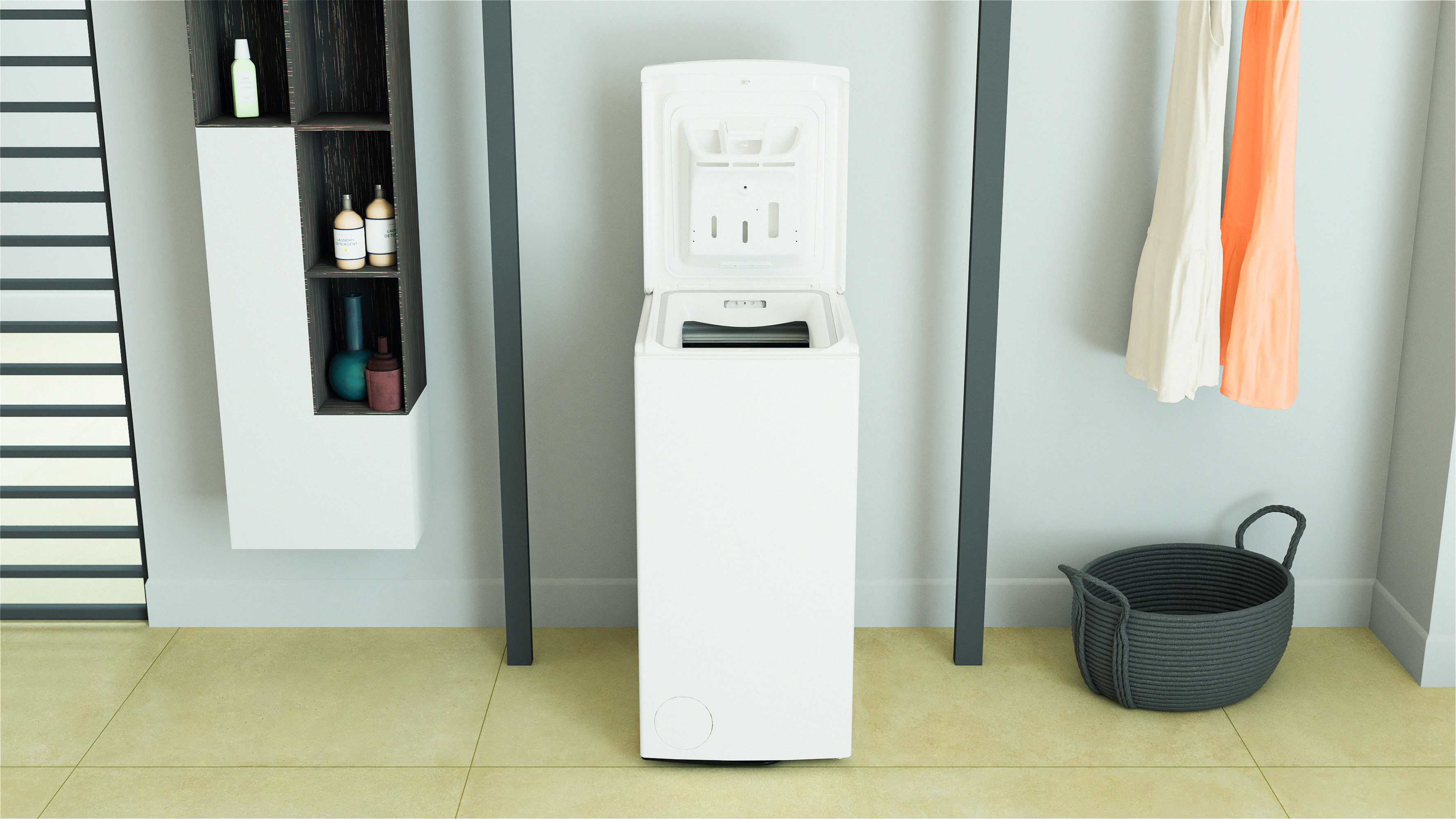 Biała pralka, drzwi otwarte; pralnia.