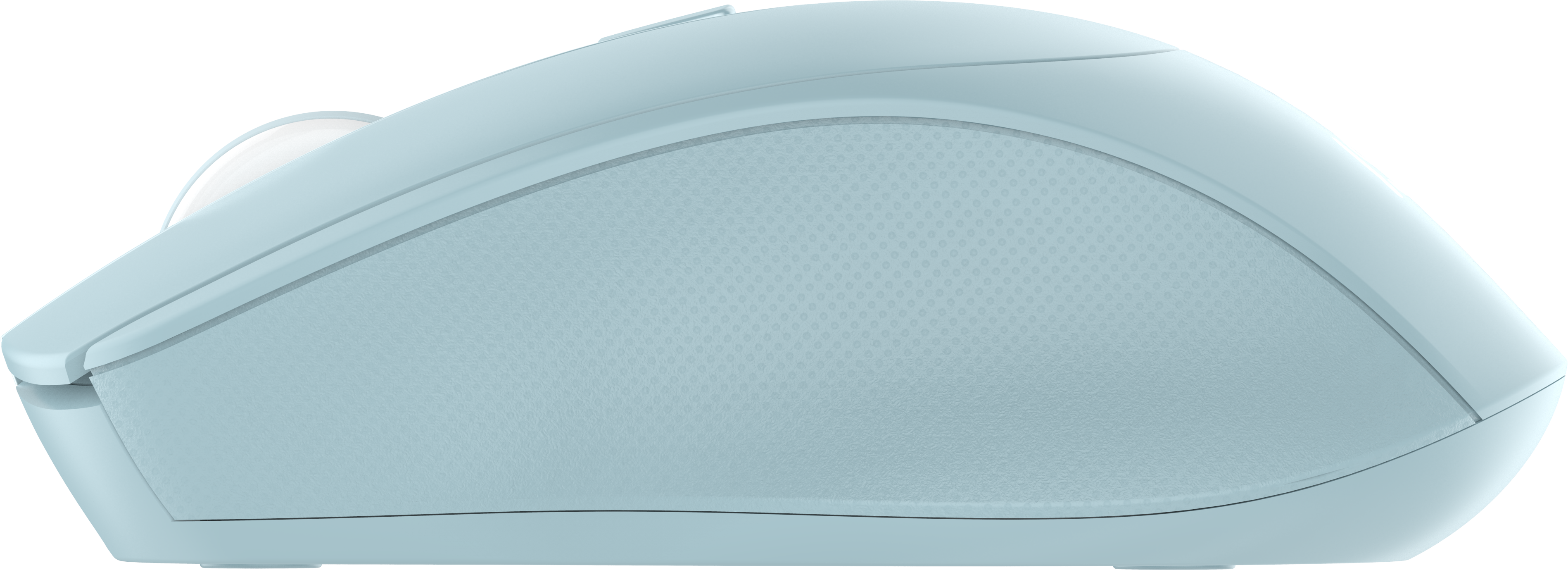 Vista laterale di un mouse wireless azzurro, con rotella bianca e impugnatura strutturata.