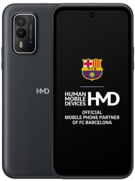 Telefon HMD, widok z przodu i z tyłu. Logo FC Barcelona na ekranie.