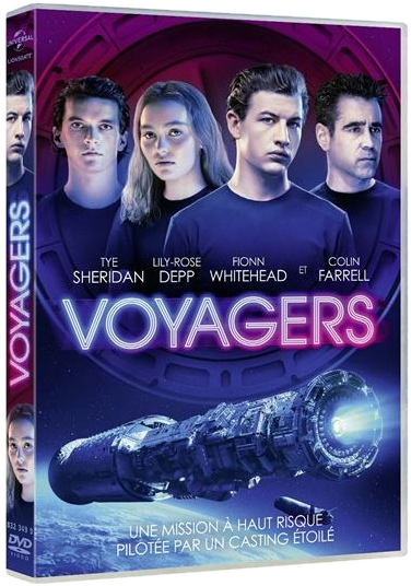 Filmposter met acteurs en een ruimteschip, de titel is 'Voyagers'. Donkerblauwe achtergrond.