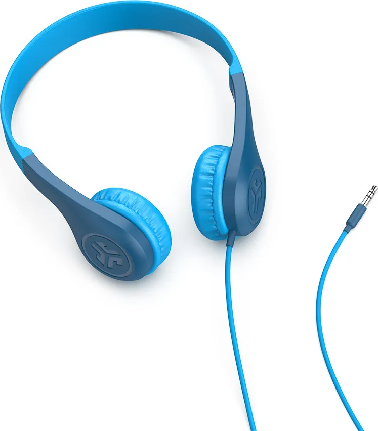 Cuffie JLab blu e blu scuro con cavo blu e jack da 3,5mm, riprese dall'alto.