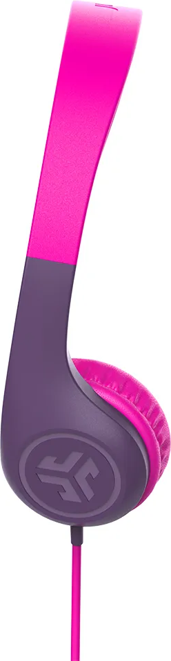 Pinke und lila Kopfhörer. Das Stirnband ist pink, und die Ohrmuscheln sind lila.