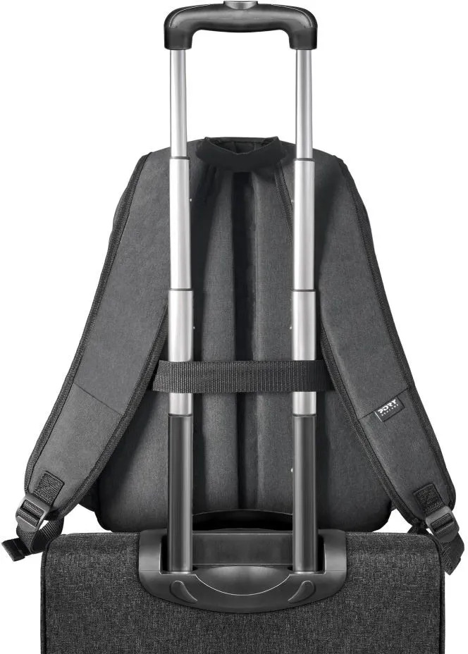 Zaino nero su un trolley. Il trolley ha una maniglia.