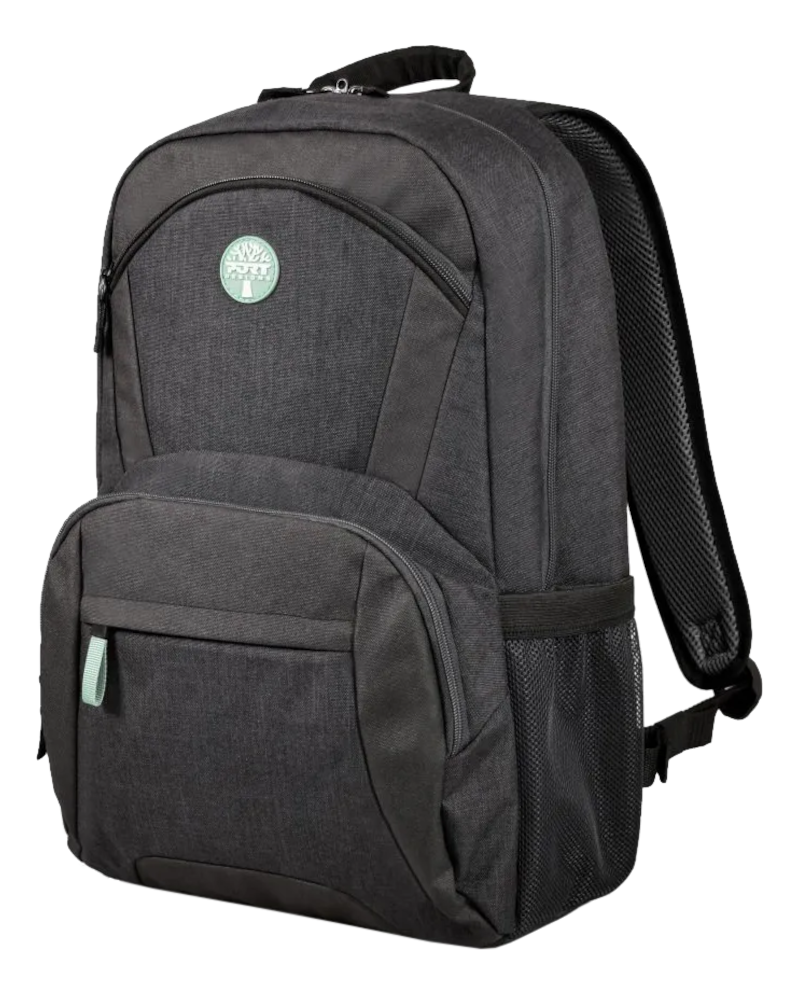 Zaino nero con più scomparti e un piccolo logo verde. Sfondo nero.
