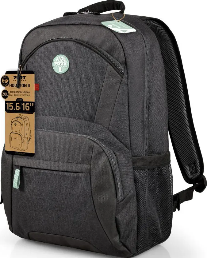 Zaino grigio scuro con scomparto per laptop.