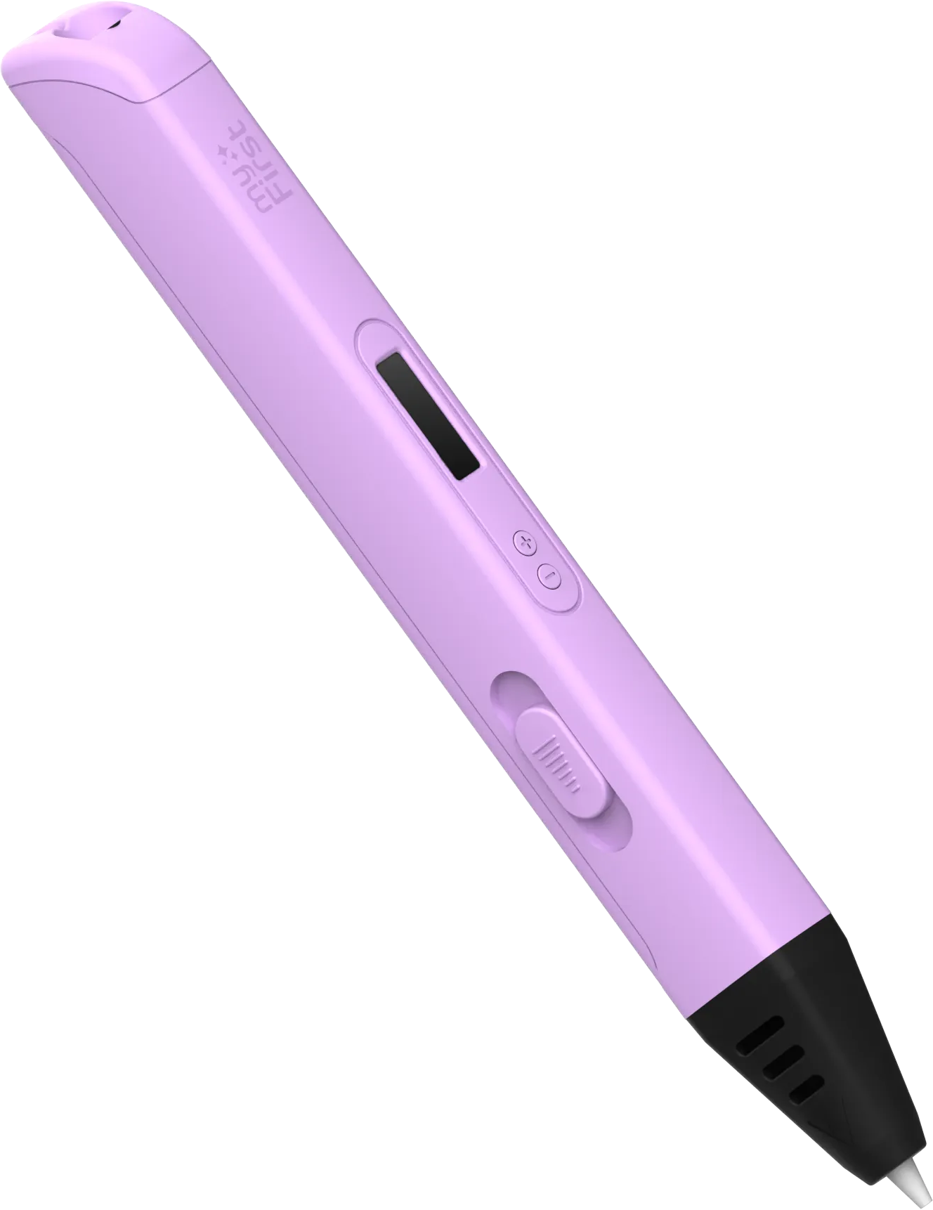 Un stylo 3D lavande avec une buse et des boutons noirs, incliné sur fond noir.