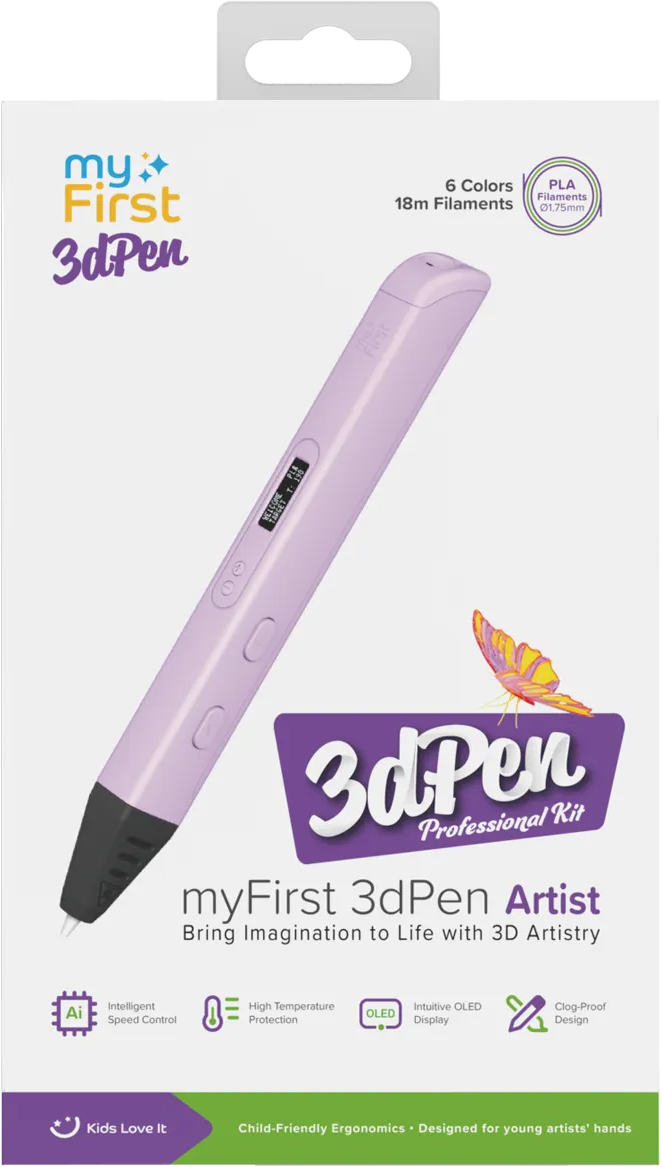 Un kit de stylo 3D avec un stylo violet et des éléments de conception sur la boîte.