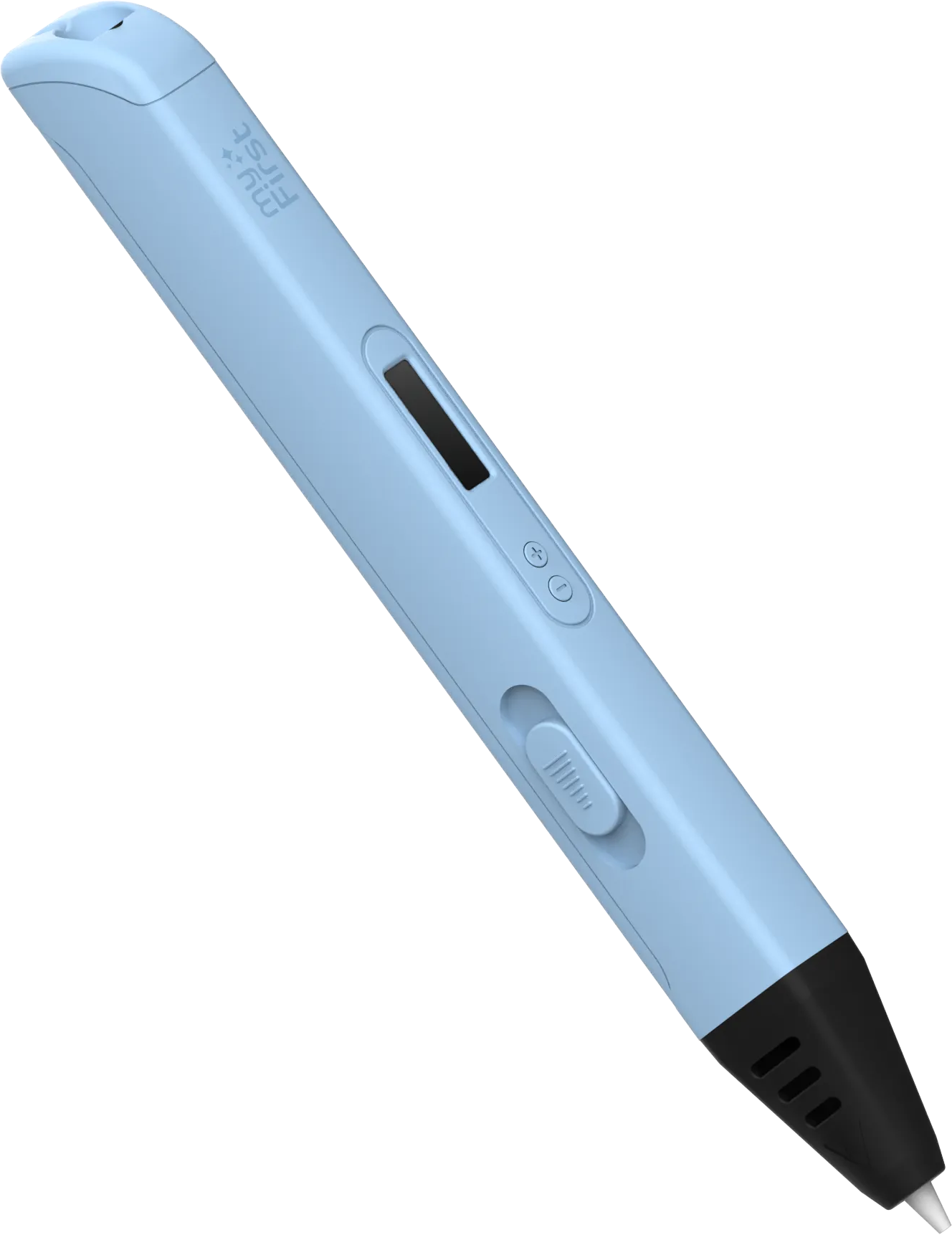 Un stylo 3D bleu clair avec une pointe noire et des boutons, sur fond noir.