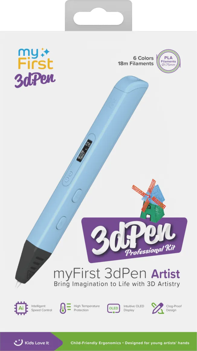 Un stylo 3D bleu dans une boîte avec du texte et des images, avec une illustration de moulin à vent.