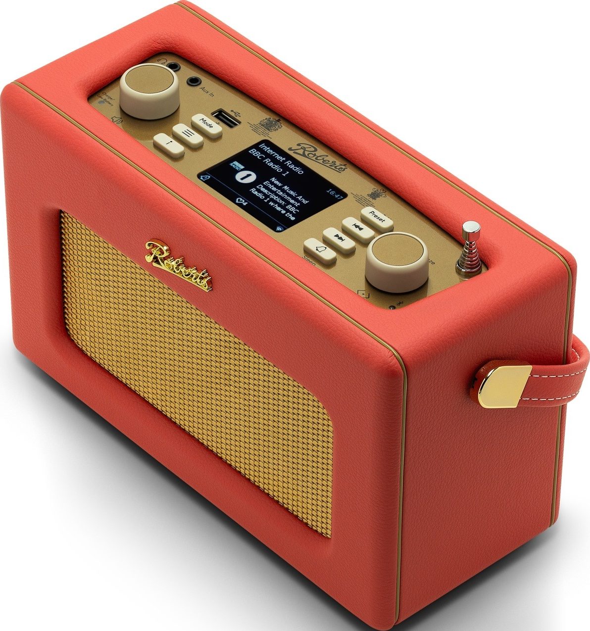 Une radio rouge et or de style rétro avec un écran, des boutons et une poignée, sur fond blanc.