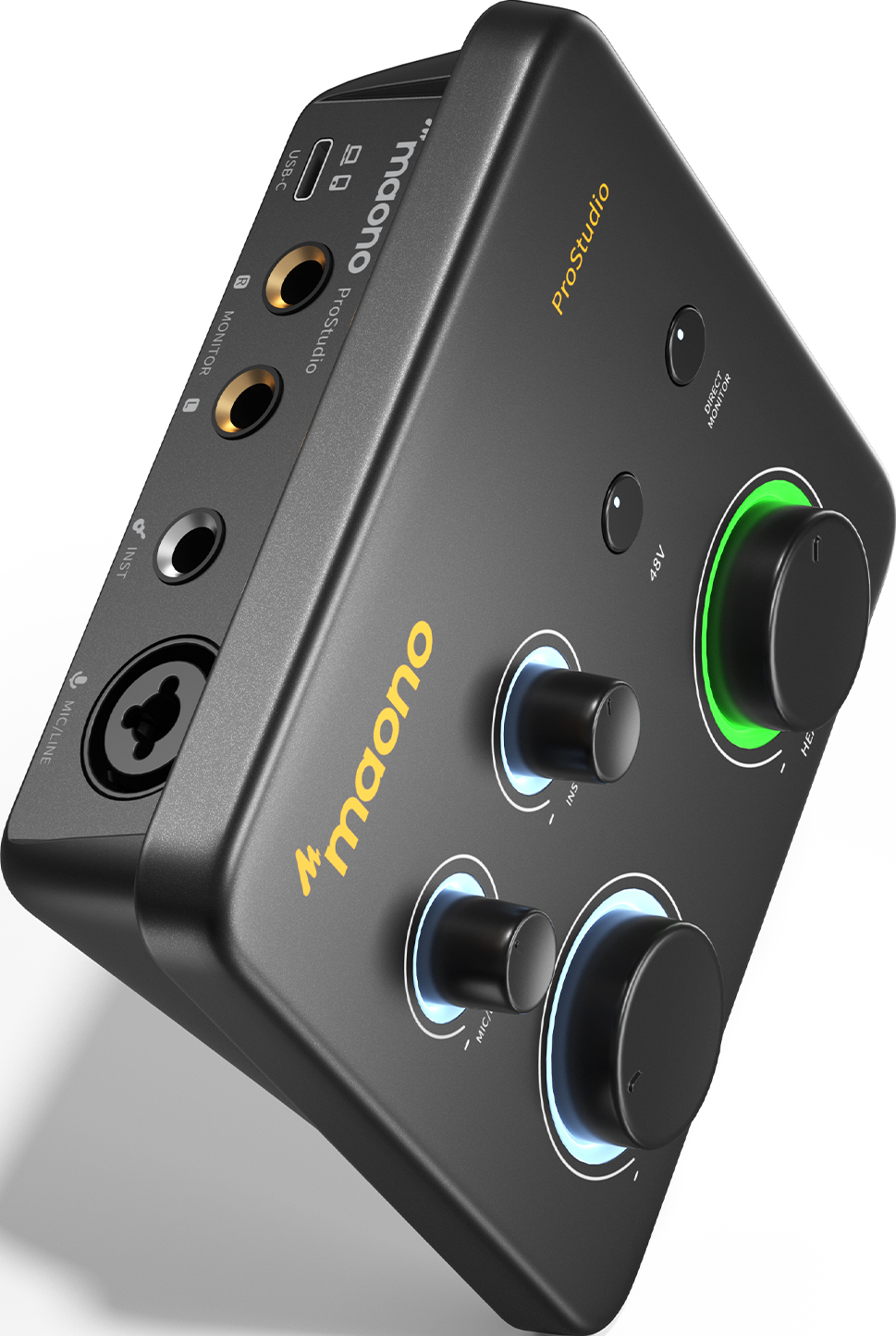Un appareil d'interface audio noir, avec des boutons et des entrées.