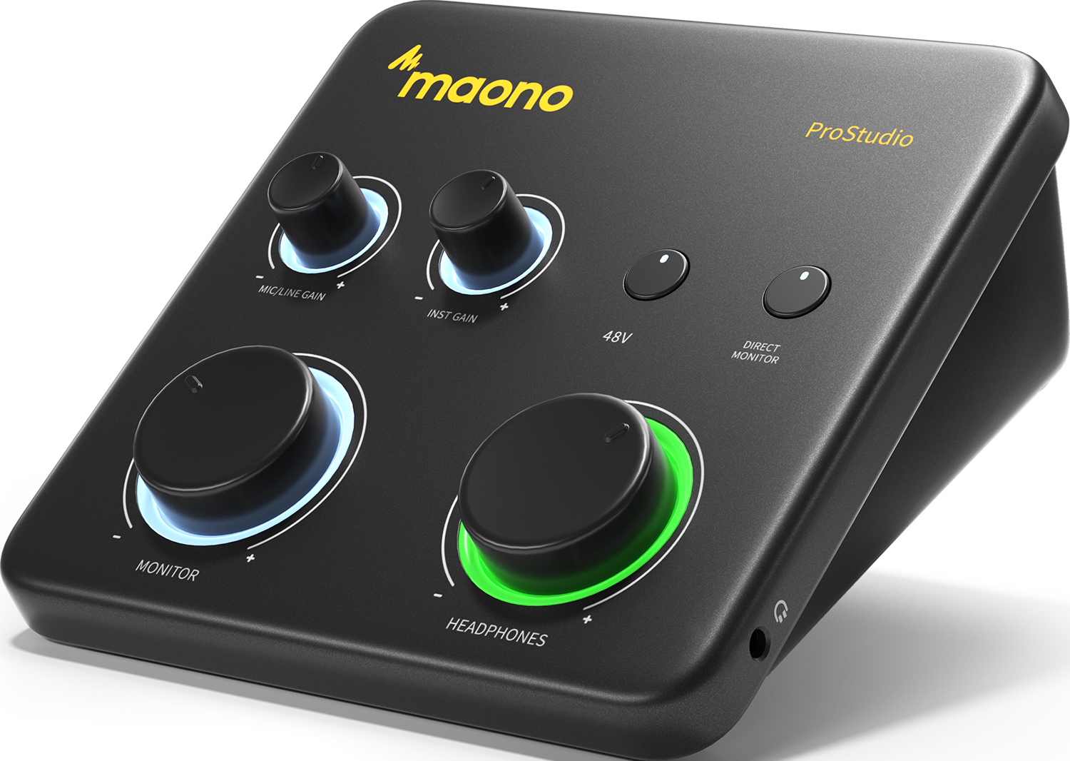 Interface audio noire avec boutons et molettes. Le logo Maono ProStudio est visible.