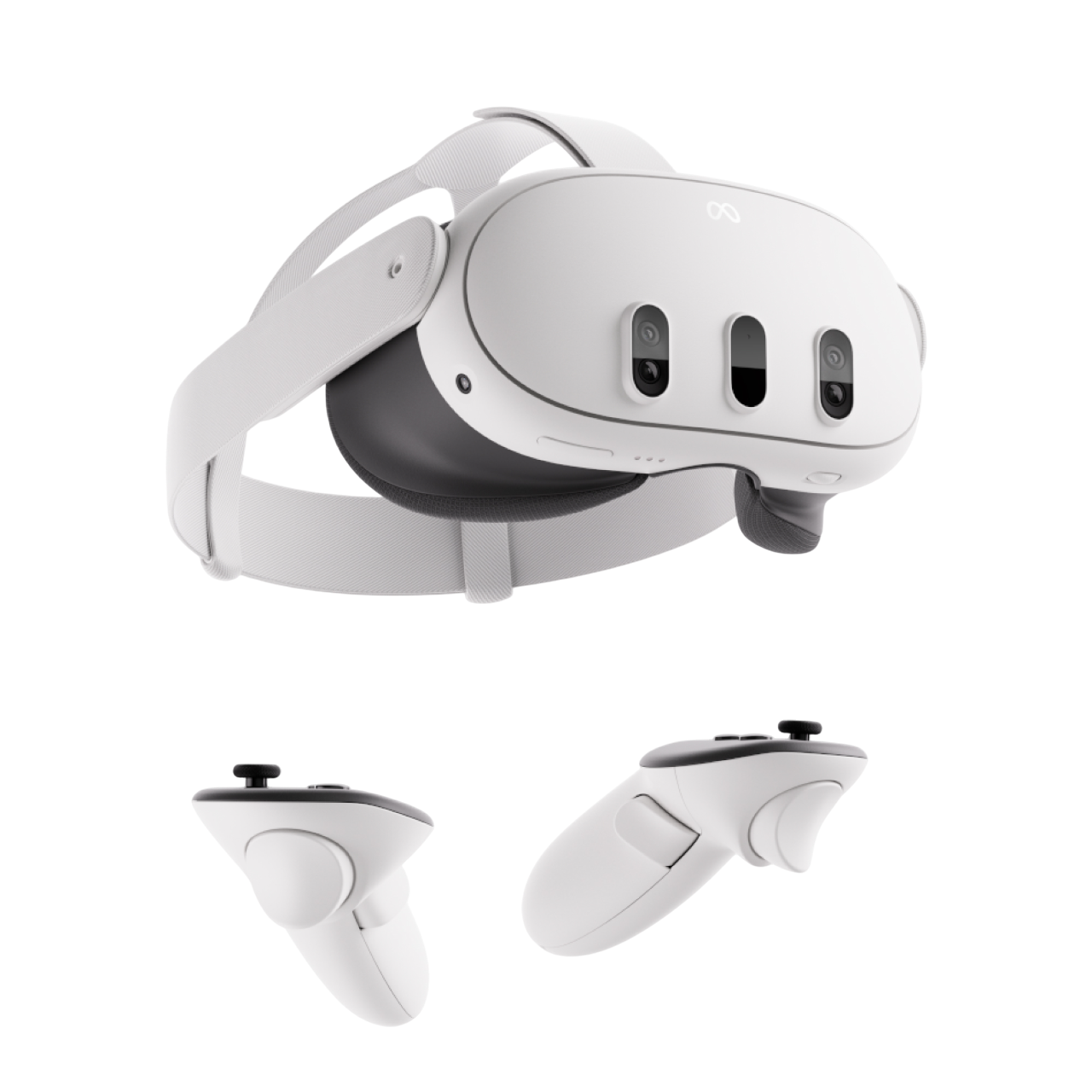 Ein weißes VR-Headset mit zwei weißen Controllern. Das Headset hat drei Kameras.