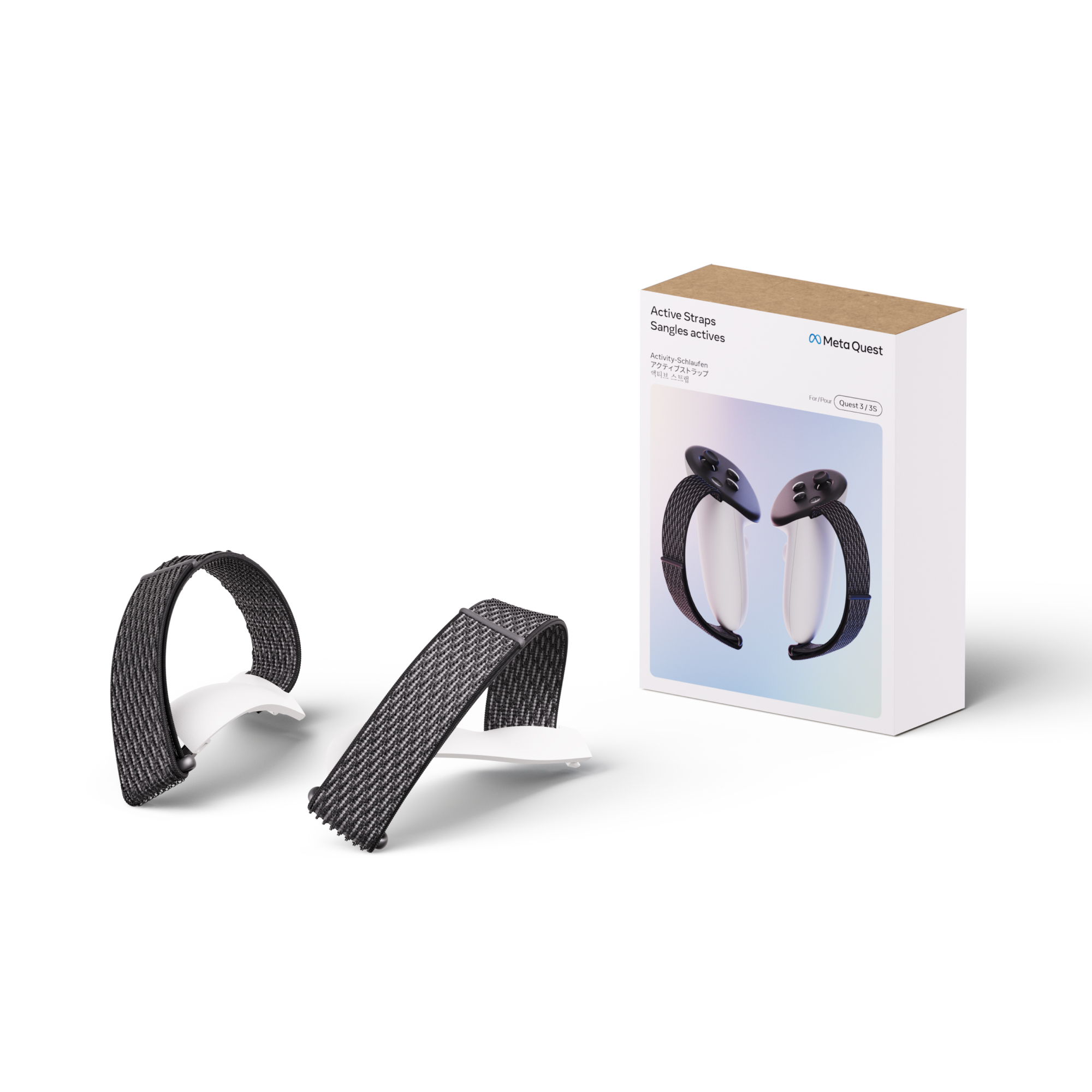 Meta Quest Active Straps Verpackung, mit zwei Riemen und einer Box mit dem Produktbild.