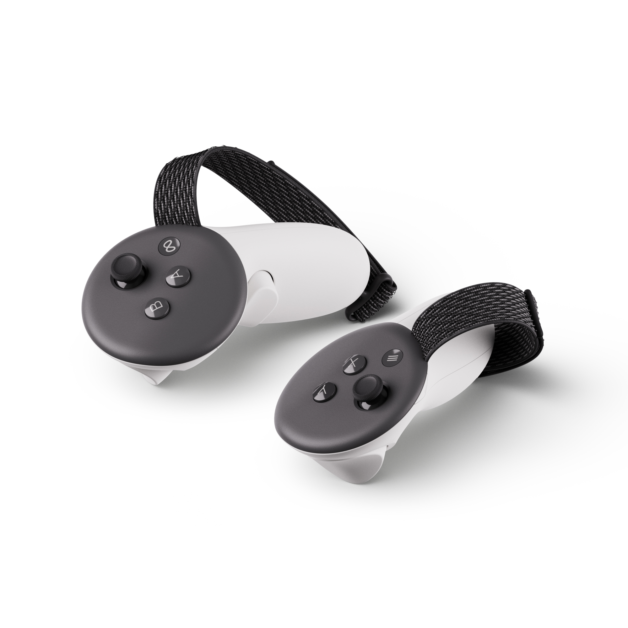 Zwei weiße und graue VR-Controller mit Handschlaufen, Knöpfen und Joystick.