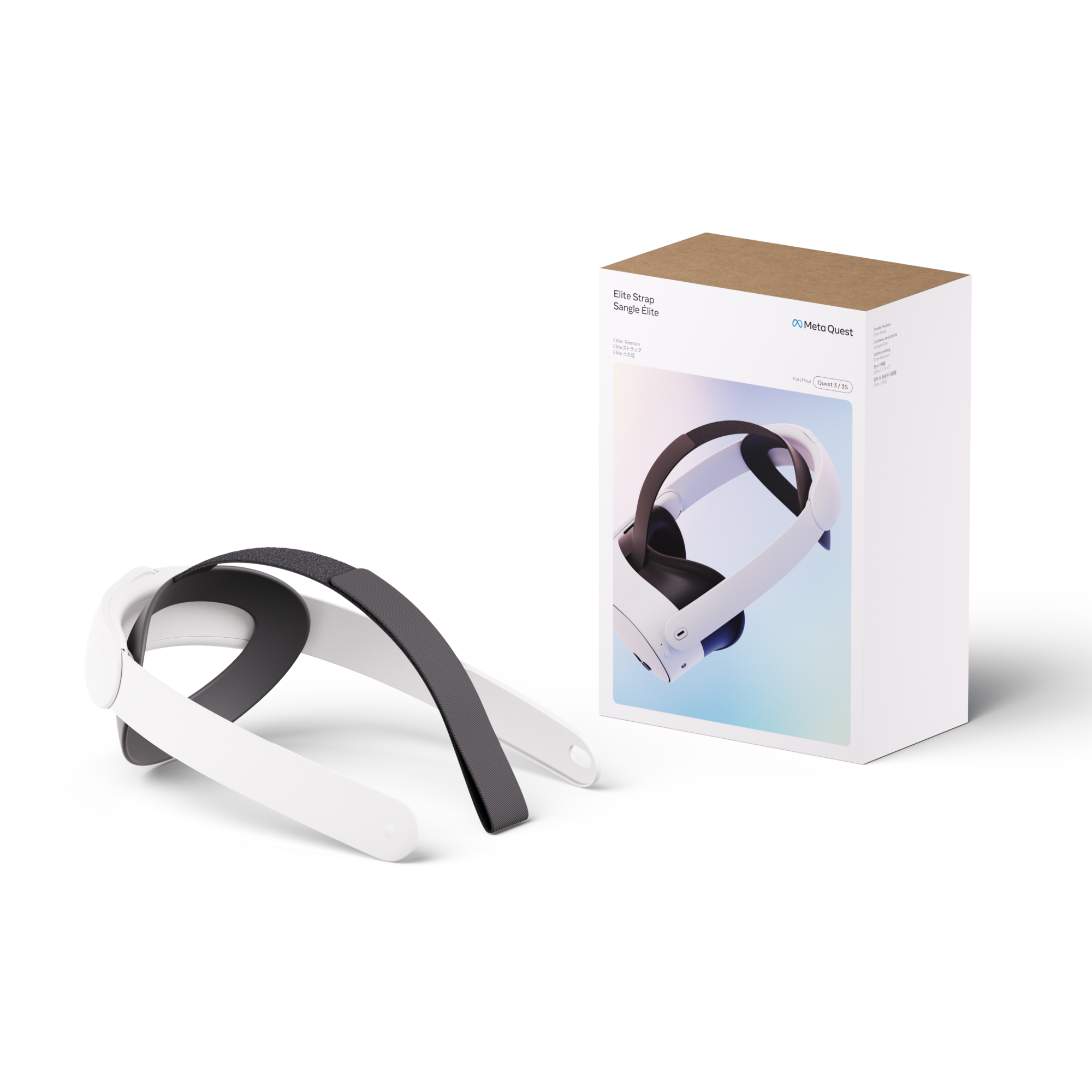 Weißes und schwarzes VR-Headset-Kopfband und -Box. Die Box zeigt ein Bild des Headsets.