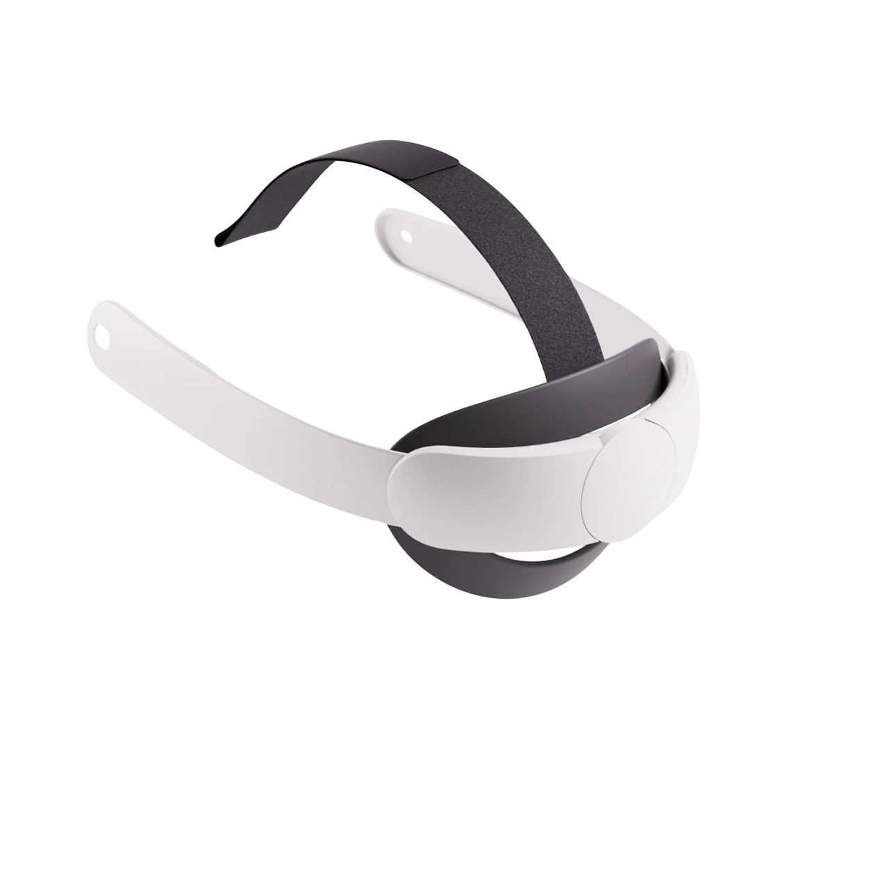 Ein weißes VR-Headset mit schwarzen Riemen. Das Headset befindet sich auf einem schwarzen Hintergrund.