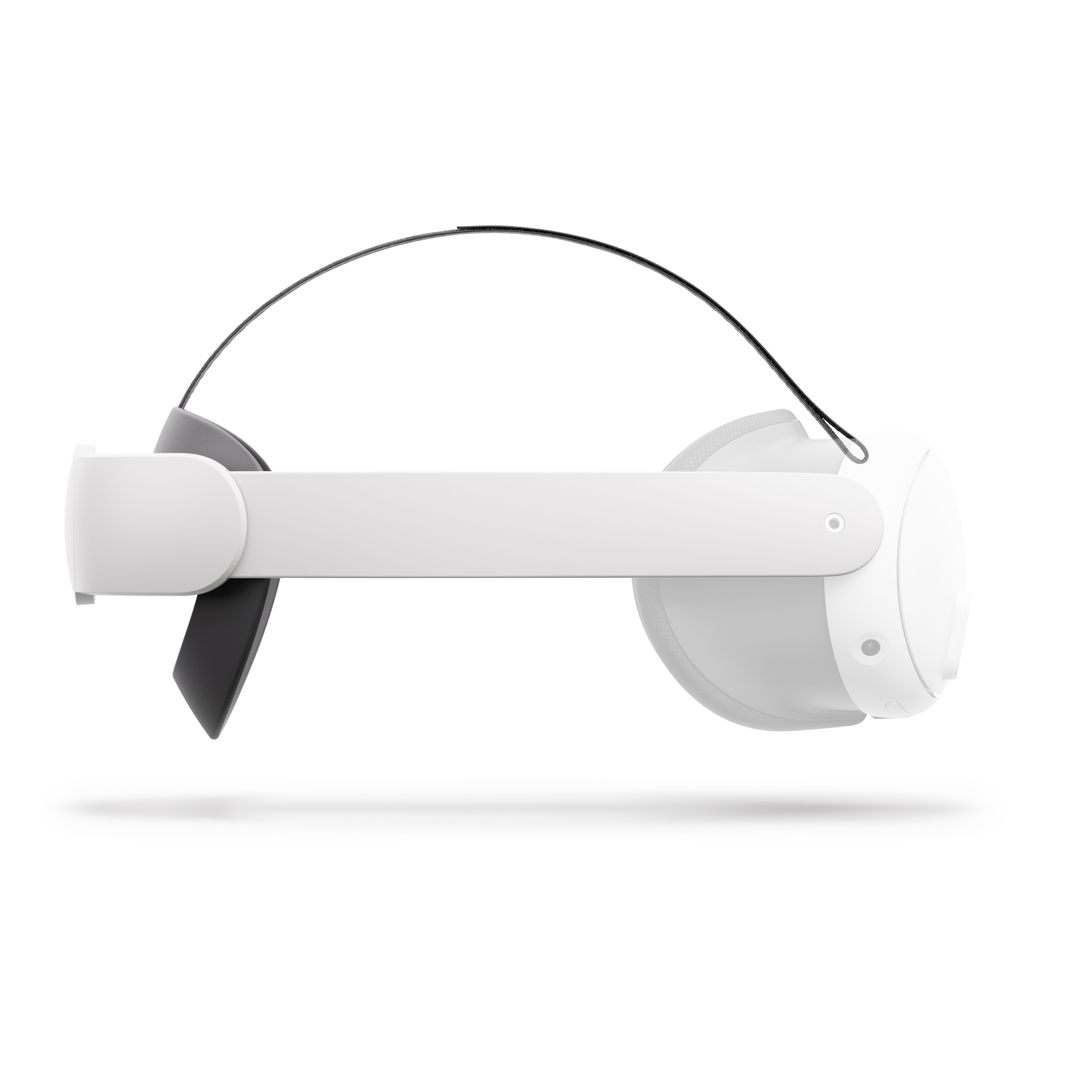 Weißes VR-Headset mit schwarzem Riemen und schwarzem Visierdetail, auf weißem Hintergrund.