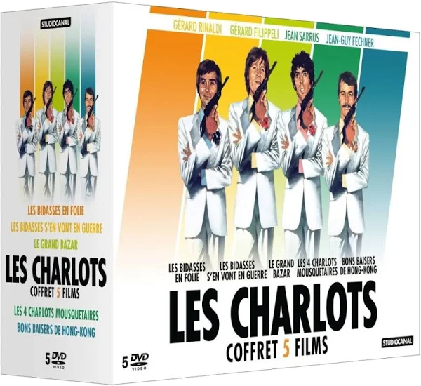 Les Charlots filmboxset, witte doos met filmtitels en afbeeldingen.