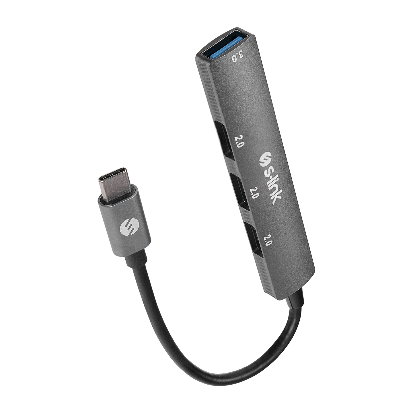 Üç USB 2.0 bağlantı noktasına sahip gri bir USB-C hub'ı. Sol tarafta bir USB-C konektörü var.