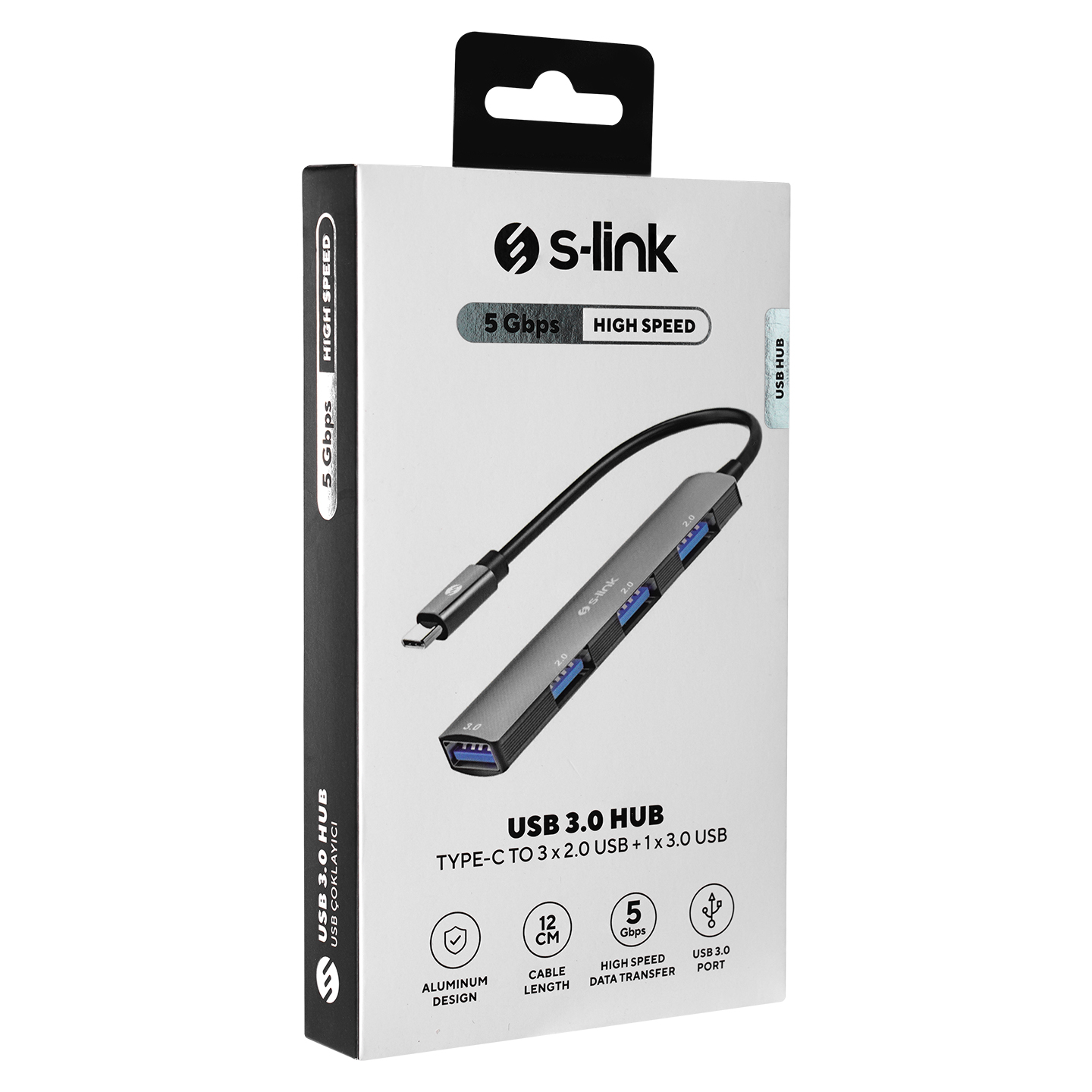 Ambalajında siyah ve gri bir USB 3.0 hub, bir USB-C kablosu ve USB bağlantı noktaları ile.