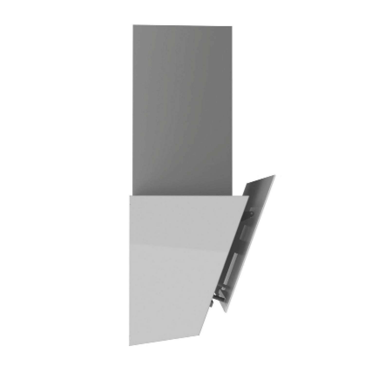 Una campana de cocina blanca y gris con un panel inclinado.