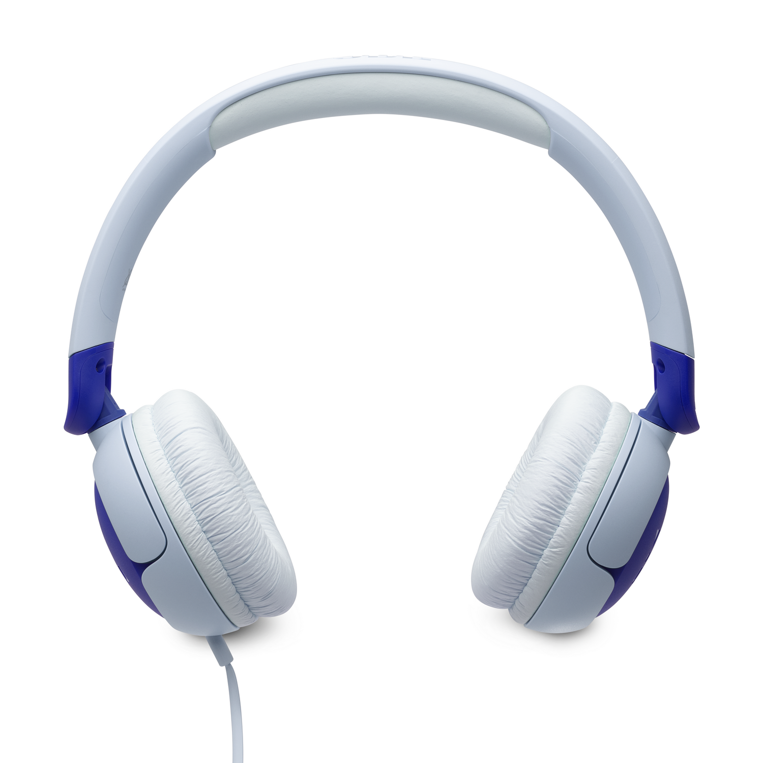Vista cenital de auriculares JBL azules y blancos con cable y control.