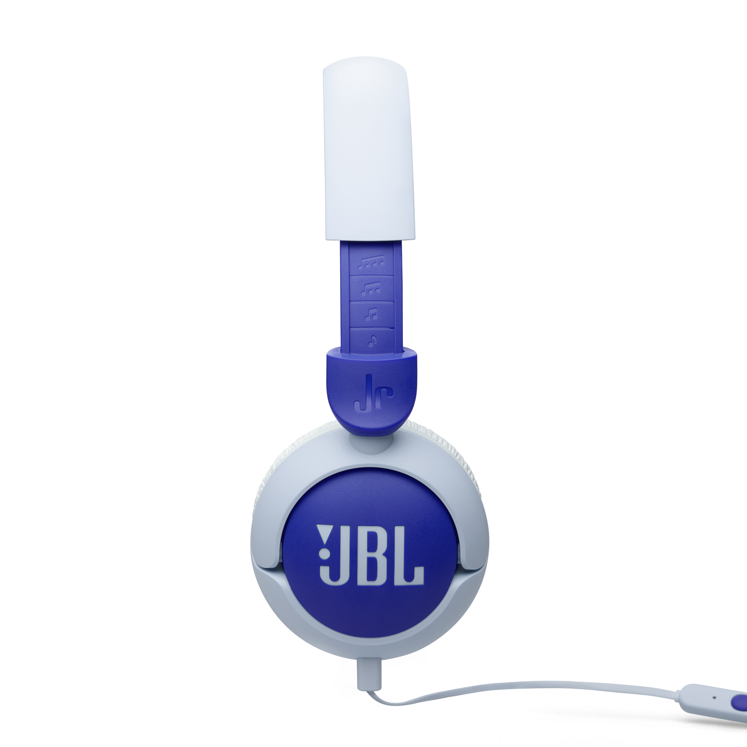 Auriculares JBL blancos y morados. Diadema azul, auriculares blancos. Fondo blanco.