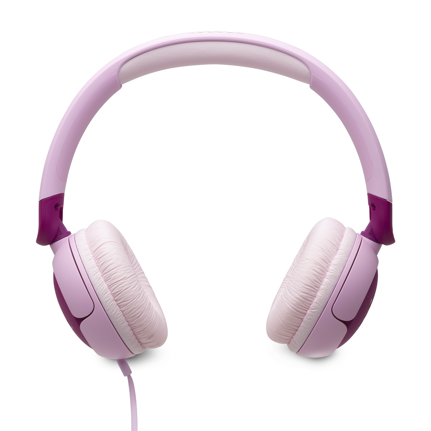 Auriculares rosas y morados, vista superior, sobre un fondo blanco. Enfoque claro.