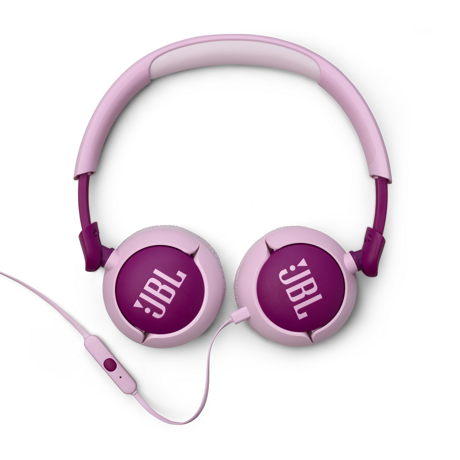 Auriculares supraaurales, rosa y morado con el logotipo de JBL en las orejeras y un cable.