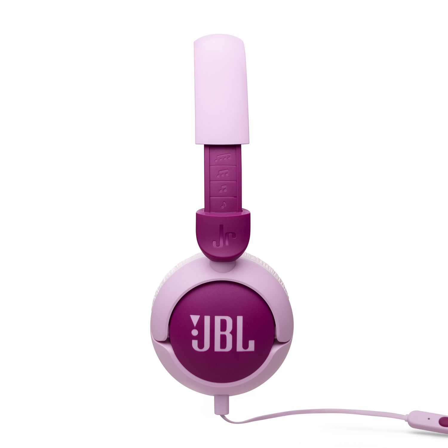 Auriculares JBL JR310, morados y rosas. Los auriculares están sobre un fondo blanco.